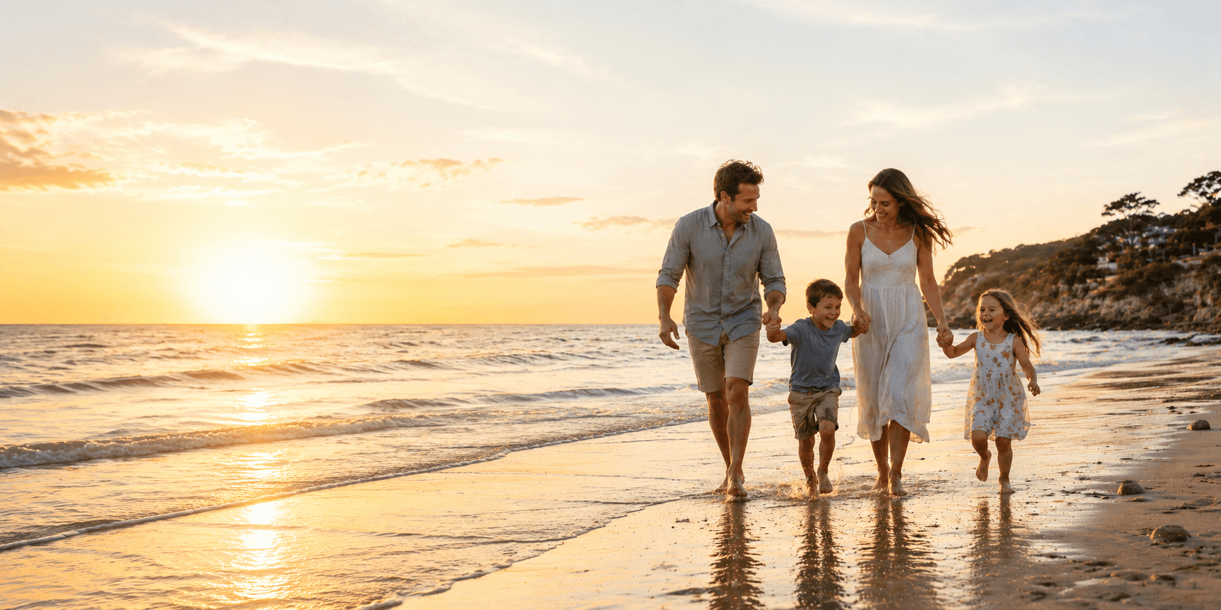 Family walking along the beach at sunset
