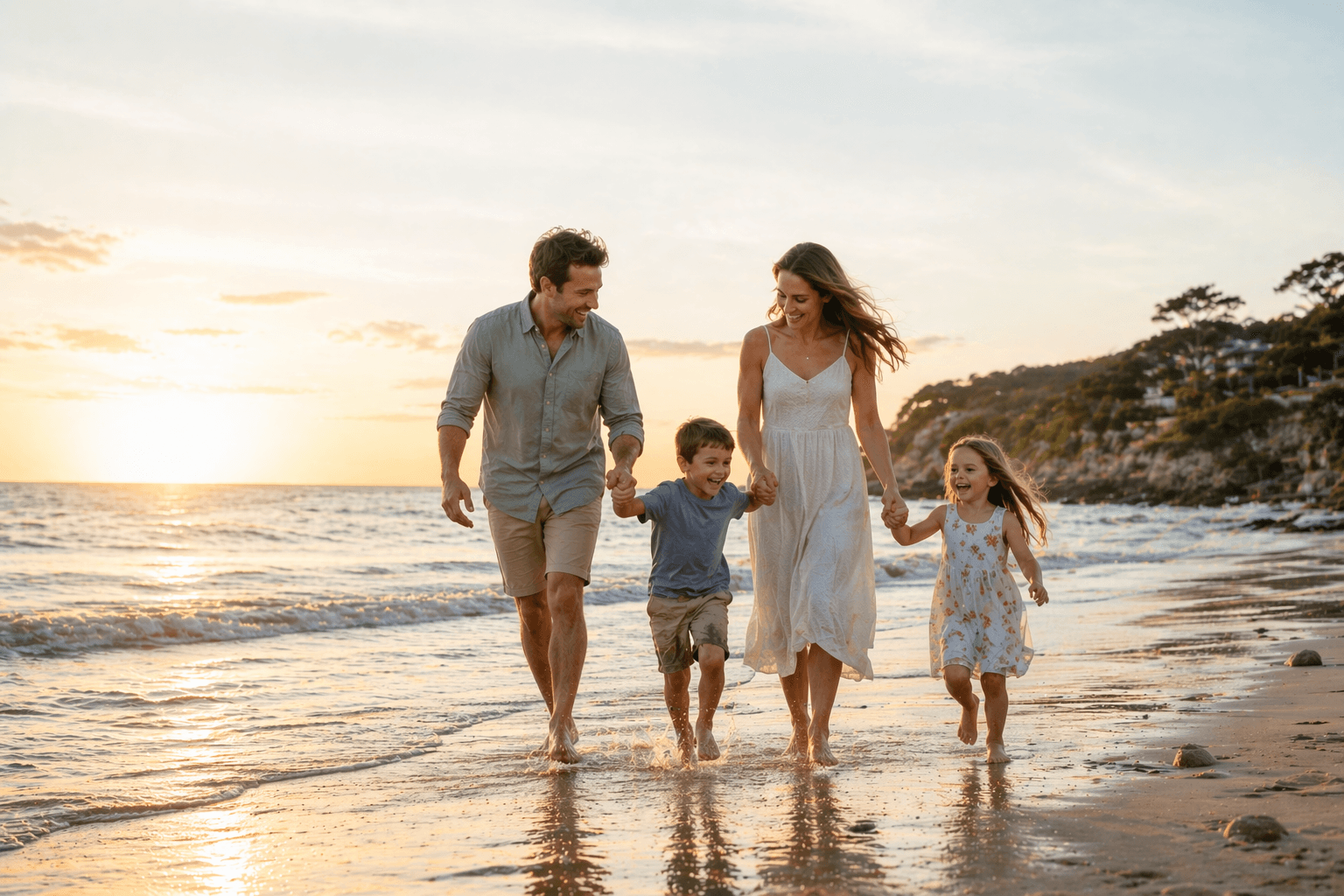 Family walking along the beach at sunset